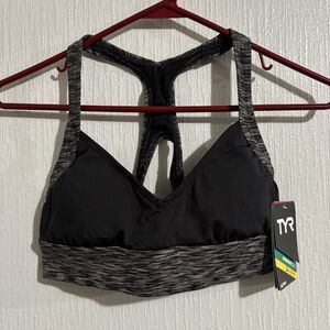 NEW TYR Sonoma V Neck Swim Sports Bra Top Removable Cups Black Grey Pool Racer S